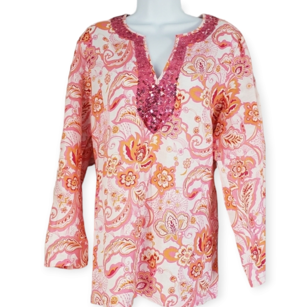NWOT Madison pink white orange floral sequined linen blouse top Womens Large
